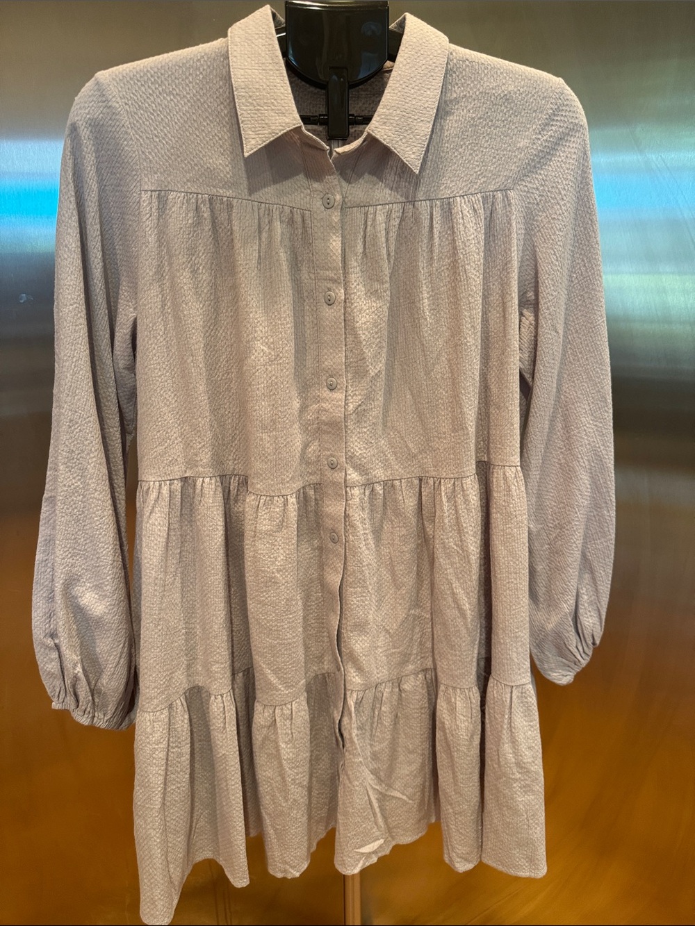 Dolly Jolly Long Sleeve Tiered Shirt Dress - Light Gray NWOT